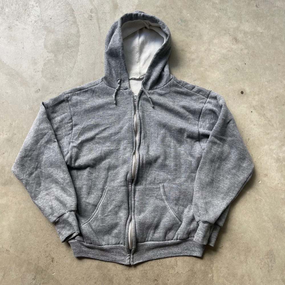 Vintage 60s 70s Double Face Zip Up Hoodie Gray Thermal Waffle Lined M